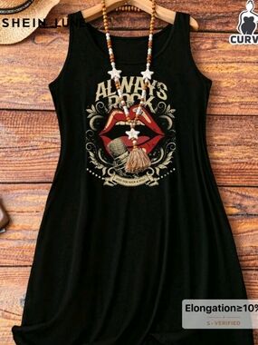 Black Midi Dress with Rock & Roll Red & Cream Graphic
